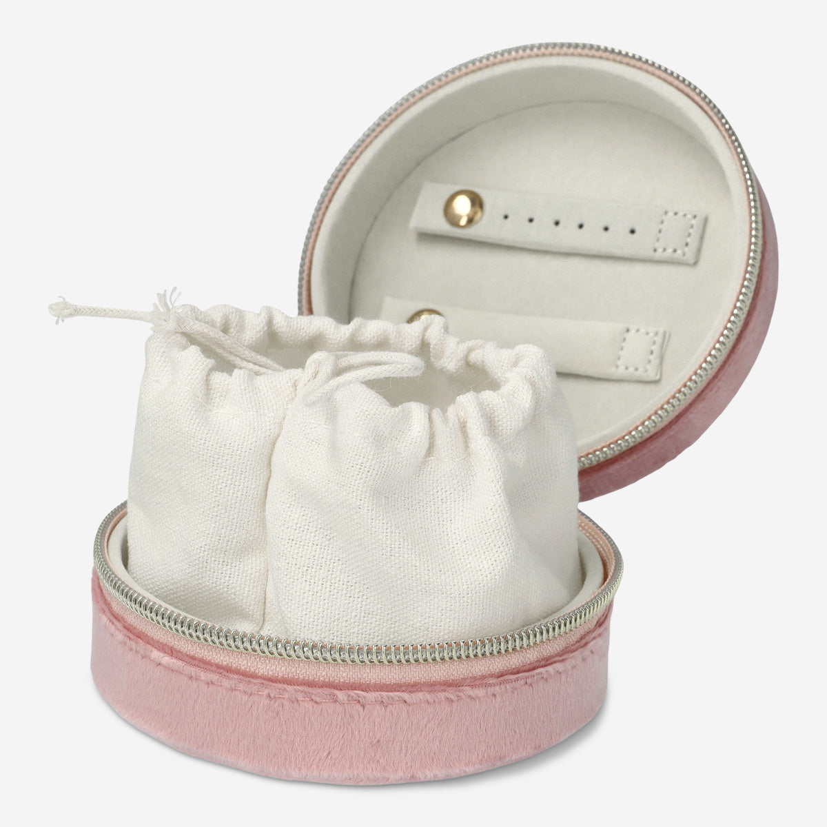 JEWELRY BOX PINK VELVET ROUND W POUCH