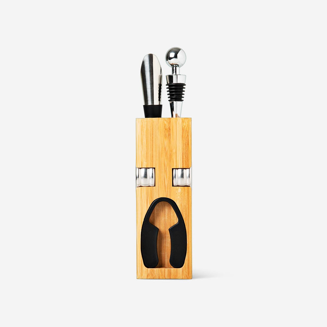 WINE SET SS IN WOODEN HOLDER