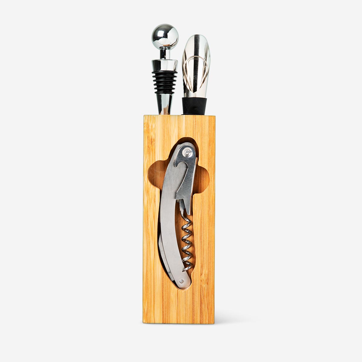 WINE SET SS IN WOODEN HOLDER