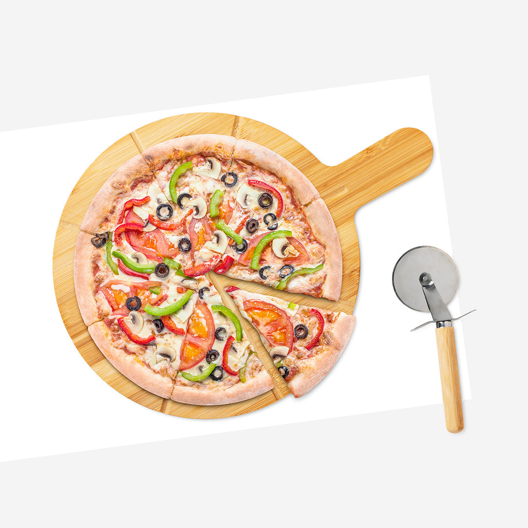 PIZZA BOARD SET 30CM DIA BAMBOO CUTTING BOARD/ PIZZA ROLLER