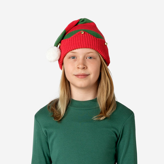 HAT KIDS RED/GREEN KNITTED W. BELLS STRIPED