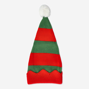 HAT KIDS RED/GREEN KNITTED W. BELLS STRIPED