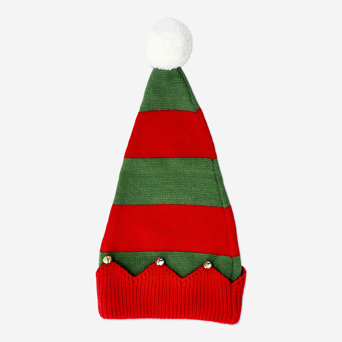 HAT KIDS RED/GREEN KNITTED W. BELLS STRIPED