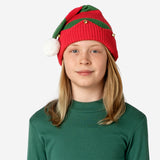 HAT KIDS RED/GREEN KNITTED W. BELLS STRIPED