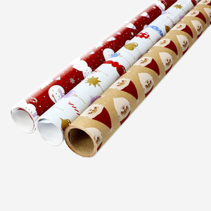 WRAPPING PAPER SET SNOWMAN, SANTA, ORNAMENTS 3x 70CM X 3M