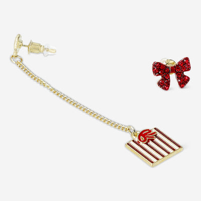 EARRINGS STUD RED BOWS + DANGLING PRESENTS 2PCS SET