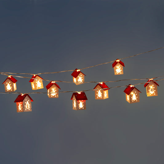 LIGHT CHAIN W. TIMER 10 PCS LED WOOD HOUSES