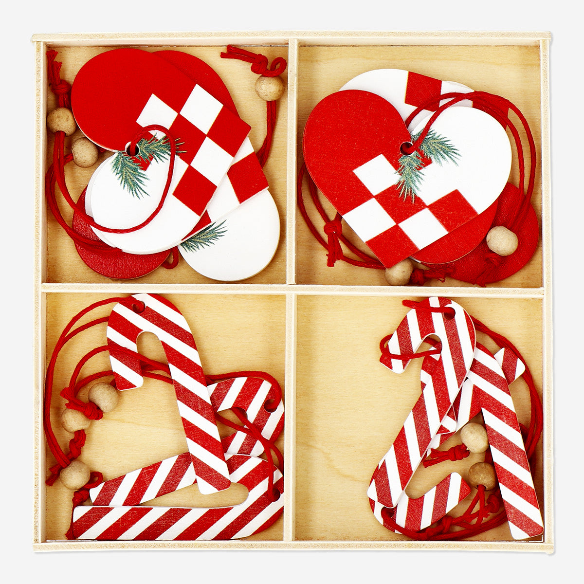 ORNAMENTS WOOD W HEARTS & CANDY CANES IN BOX 12 PCS