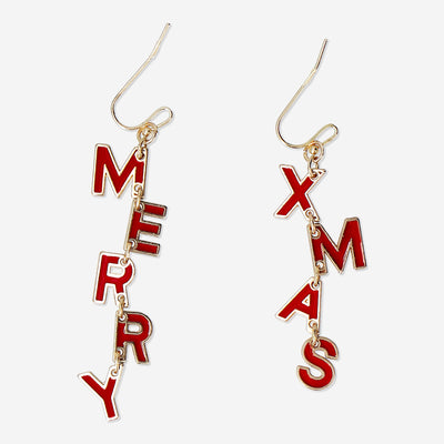 EARRINGS DANGLING W MERRY XMAS RED TEXT 2PC