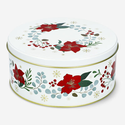 CAN ROUND FLAT 9CMX19.5CM DIA XMAS FLOWER PRINT