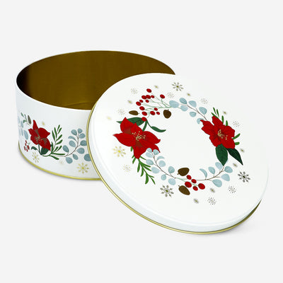 CAN ROUND FLAT 9CMX19.5CM DIA XMAS FLOWER PRINT