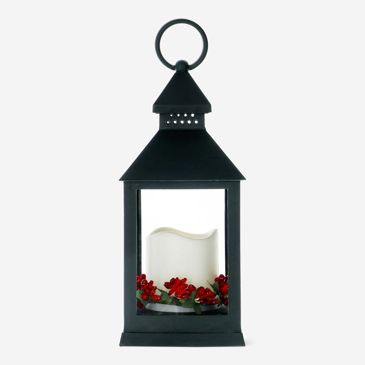 LANTERN LED W. CANDLE & WREATH GREEN