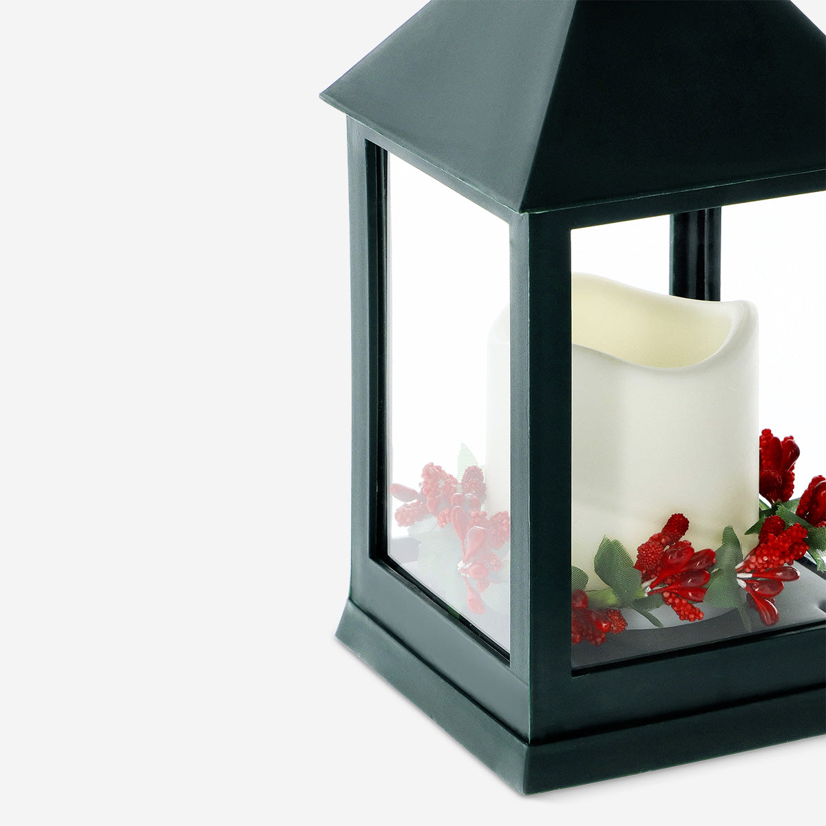 LANTERN LED W. CANDLE & WREATH GREEN