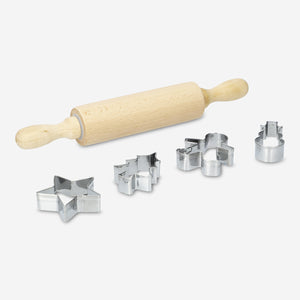 CUTTERS COOKIE 4 SHAPES W. ROLLING PIN WOOD