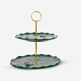 CAKE STAND 2 LEVELS HOLLY EMBOSSED DETAILS GREEN AND RED