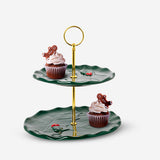 CAKE STAND 2 LEVELS HOLLY EMBOSSED DETAILS GREEN AND RED