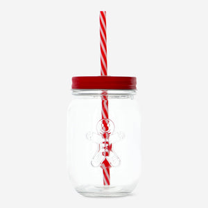 JAR W RED LID AND STRAW W GINGERBREAD MAN