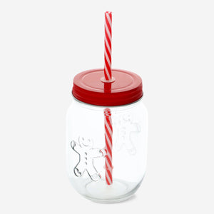 JAR W RED LID AND STRAW W GINGERBREAD MAN