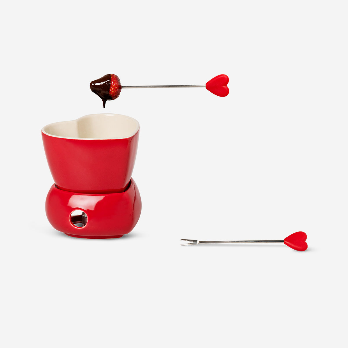 FONDUE SET FOR CHOCOLATE STAND W. BOWL 2 PCS FORK RED