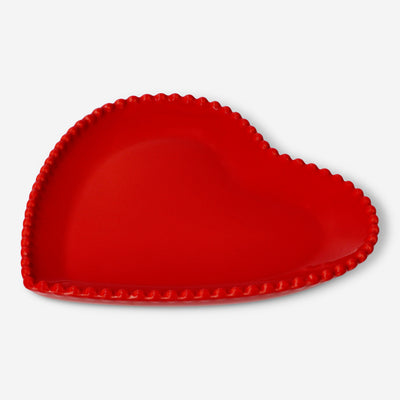 PLATE CERAMIC HEART SHAPE WITH BEAD ON EDGE RED