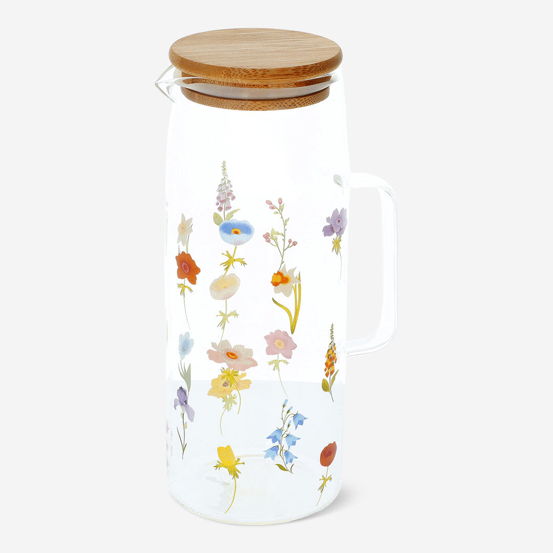 JUG WATER GLASS W BAMBOO LID FLOWERS MIXED COLORS