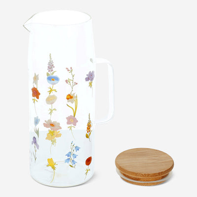 JUG WATER GLASS W BAMBOO LID FLOWERS MIXED COLORS