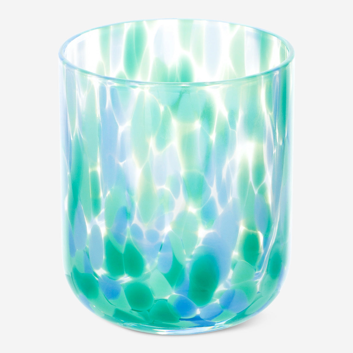 GLASS DRINKING WITH DOTS COLORED GLASS BLUE AND GREEN