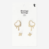 EARRINGS GOLD 4PC STUDS HEARTS W DRIP + X STUDS