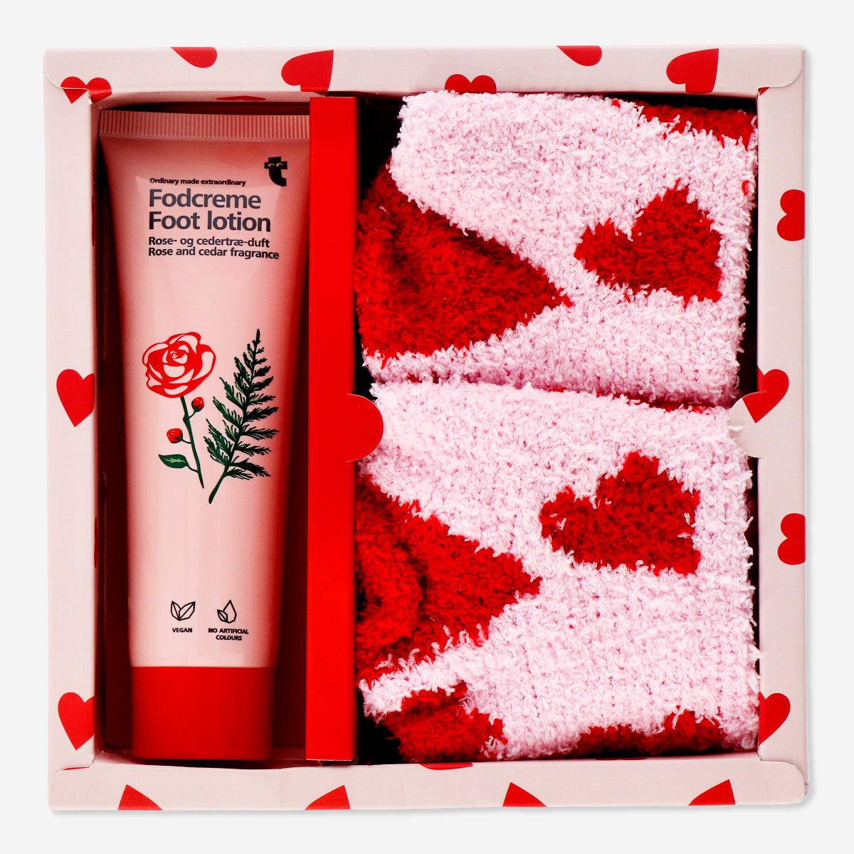 FOOT LOTION + SOCKS W HEART GIFT SET ROSE+CEDAR