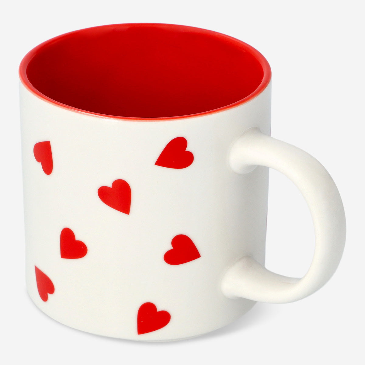 MUG W. HANDLE 350ML WHITE W. RED HEARTS & RED INSIDE