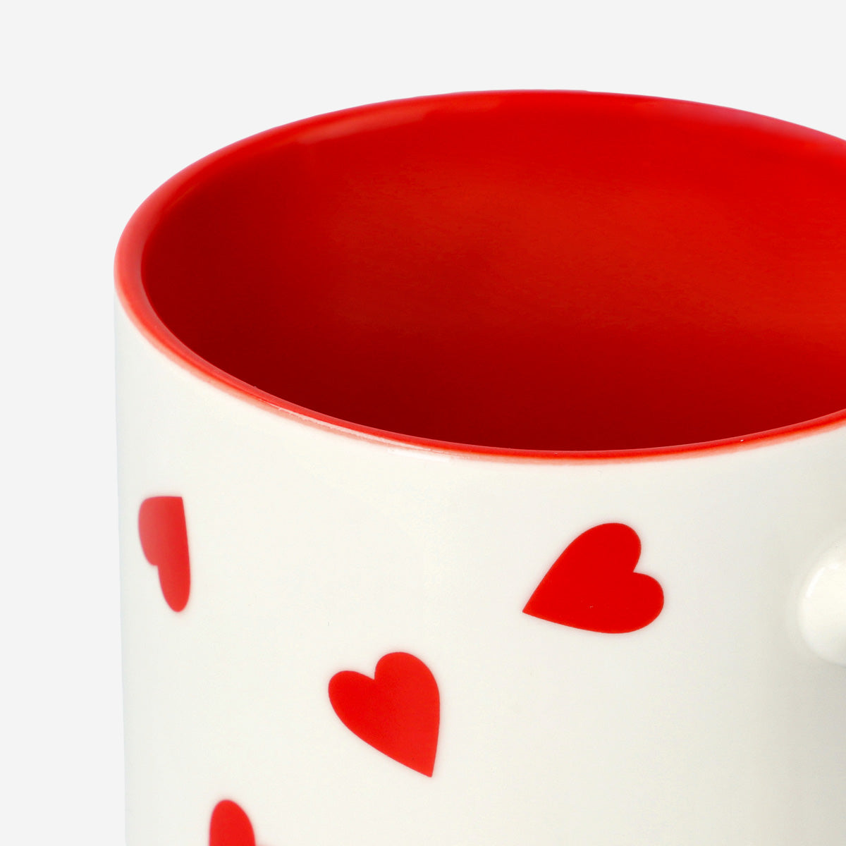 MUG W. HANDLE 350ML WHITE W. RED HEARTS & RED INSIDE