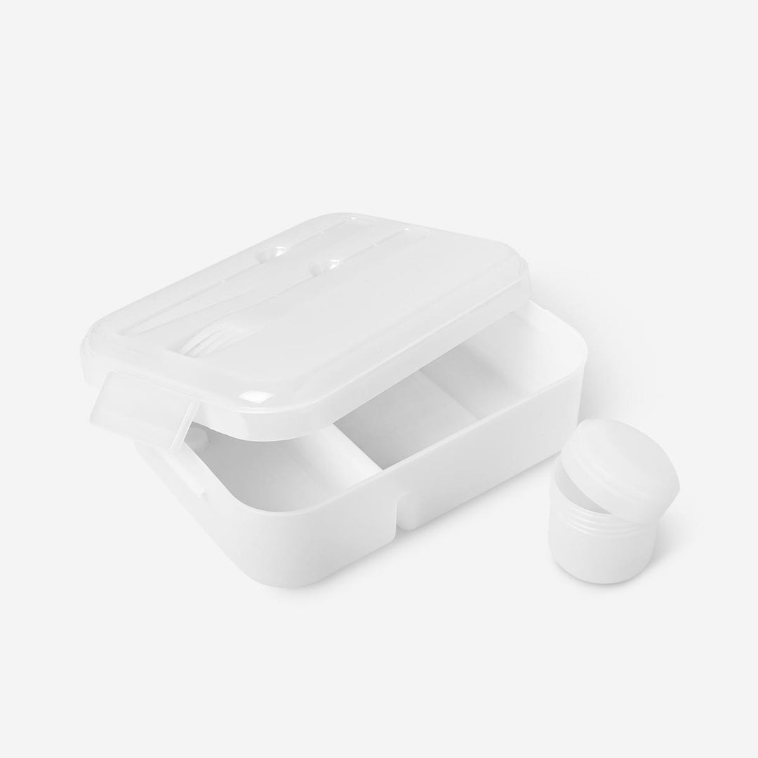 LUNCH BOX W KNIFE/FORK & BOWL PLASTIC WHITE LID