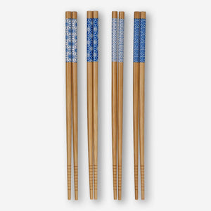 CHOPSTICKS BAMBOO 23.8CM BLUE/WHITE JAPANESE PATTERNS 4PCS