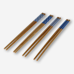 CHOPSTICKS BAMBOO 23.8CM BLUE/WHITE JAPANESE PATTERNS 4PCS