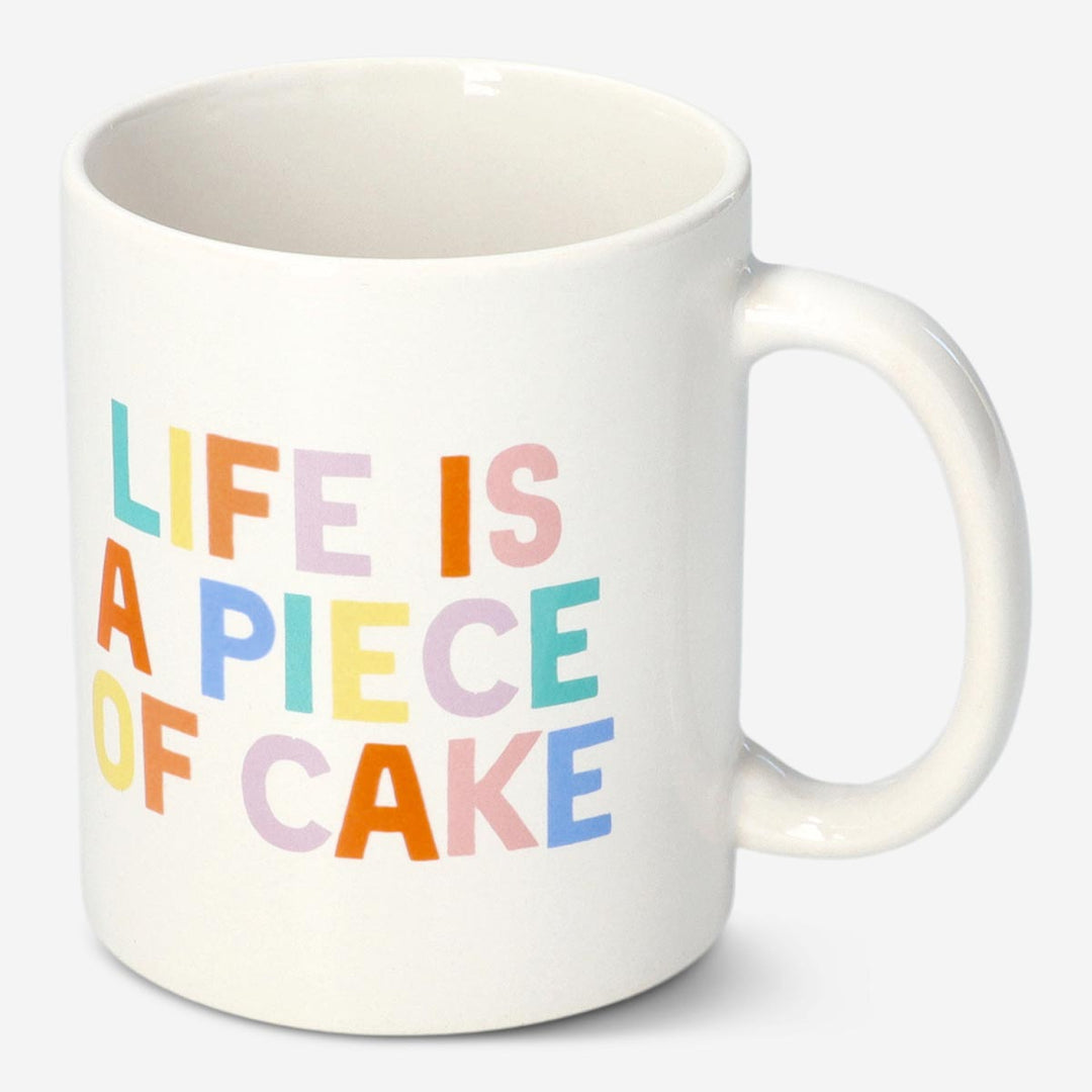 MUG 220ML W HANDLE AND COLORFUL TEXT LIFE IS A PIECE OF CAKE