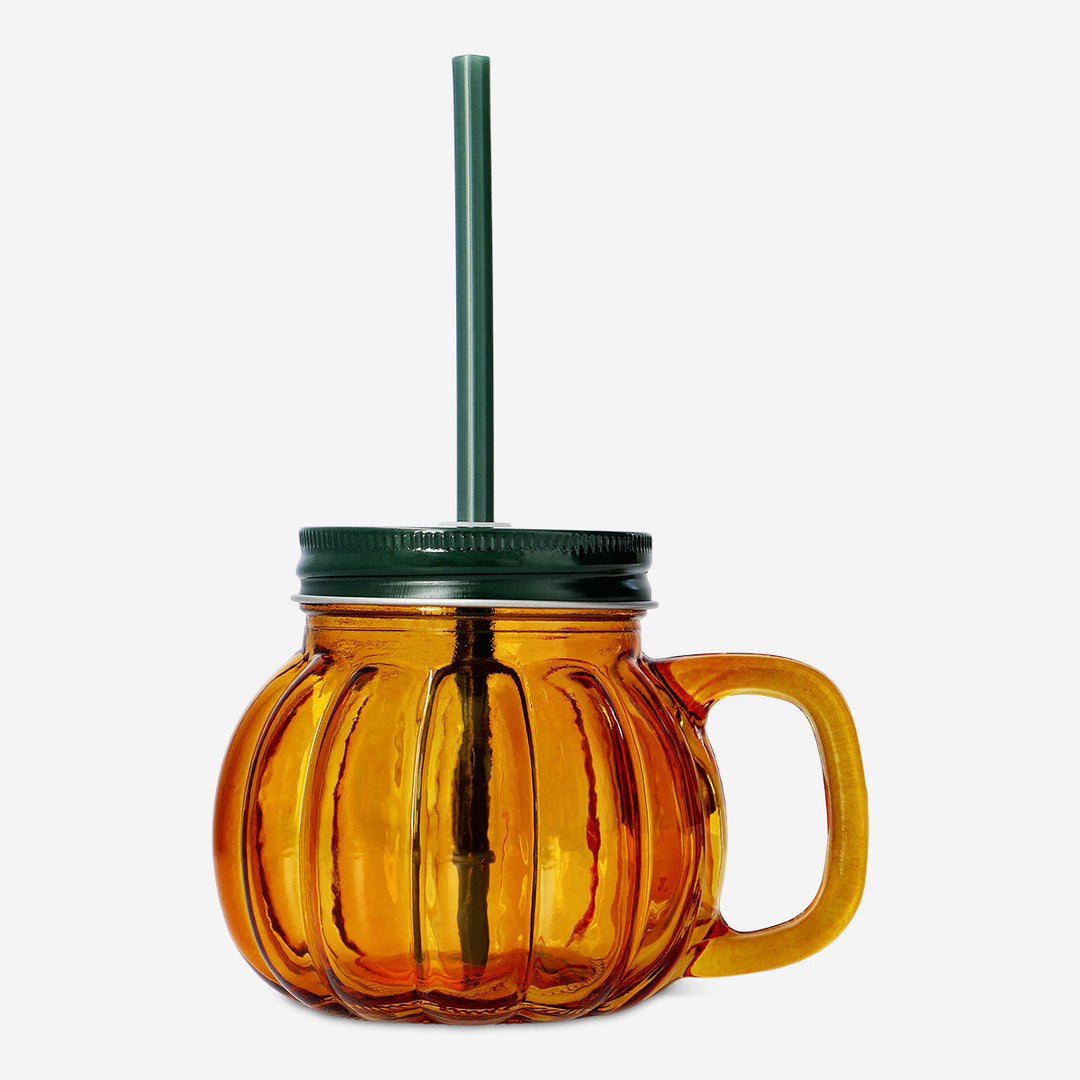 JAR W HANDLE LID AND STRAW PUMPKIN SHAPE IN GLASS