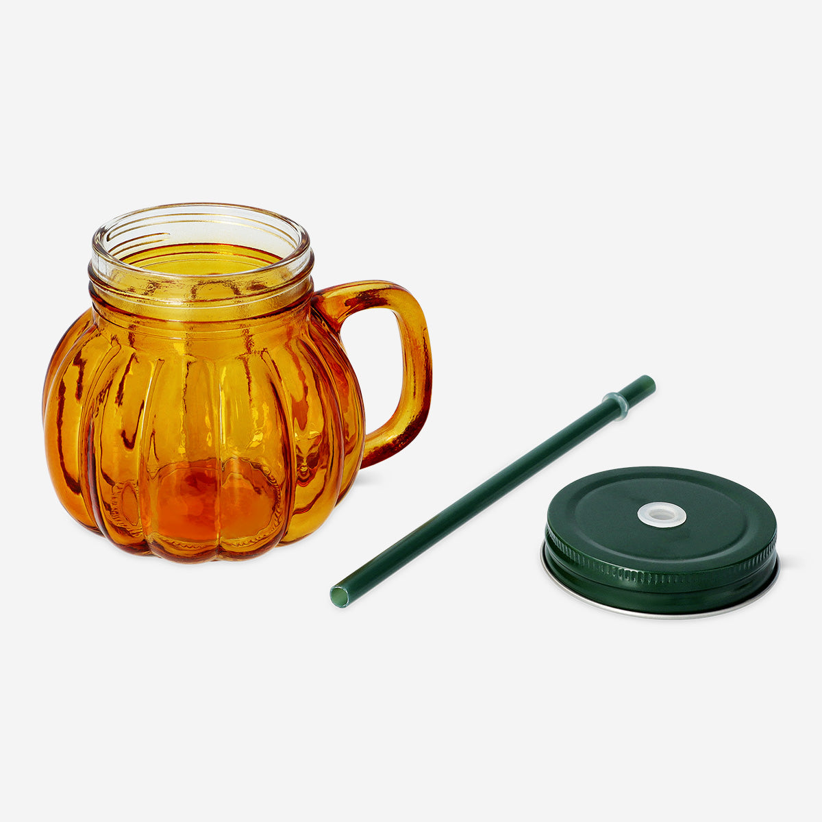 JAR W HANDLE LID AND STRAW PUMPKIN SHAPE IN GLASS