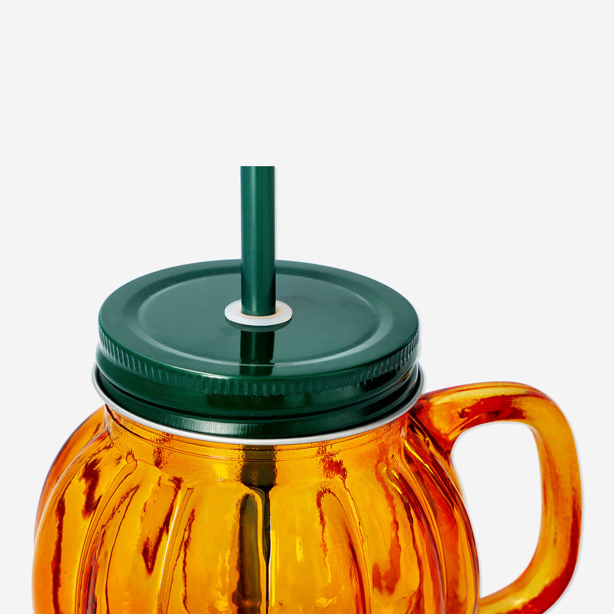 JAR W HANDLE LID AND STRAW PUMPKIN SHAPE IN GLASS