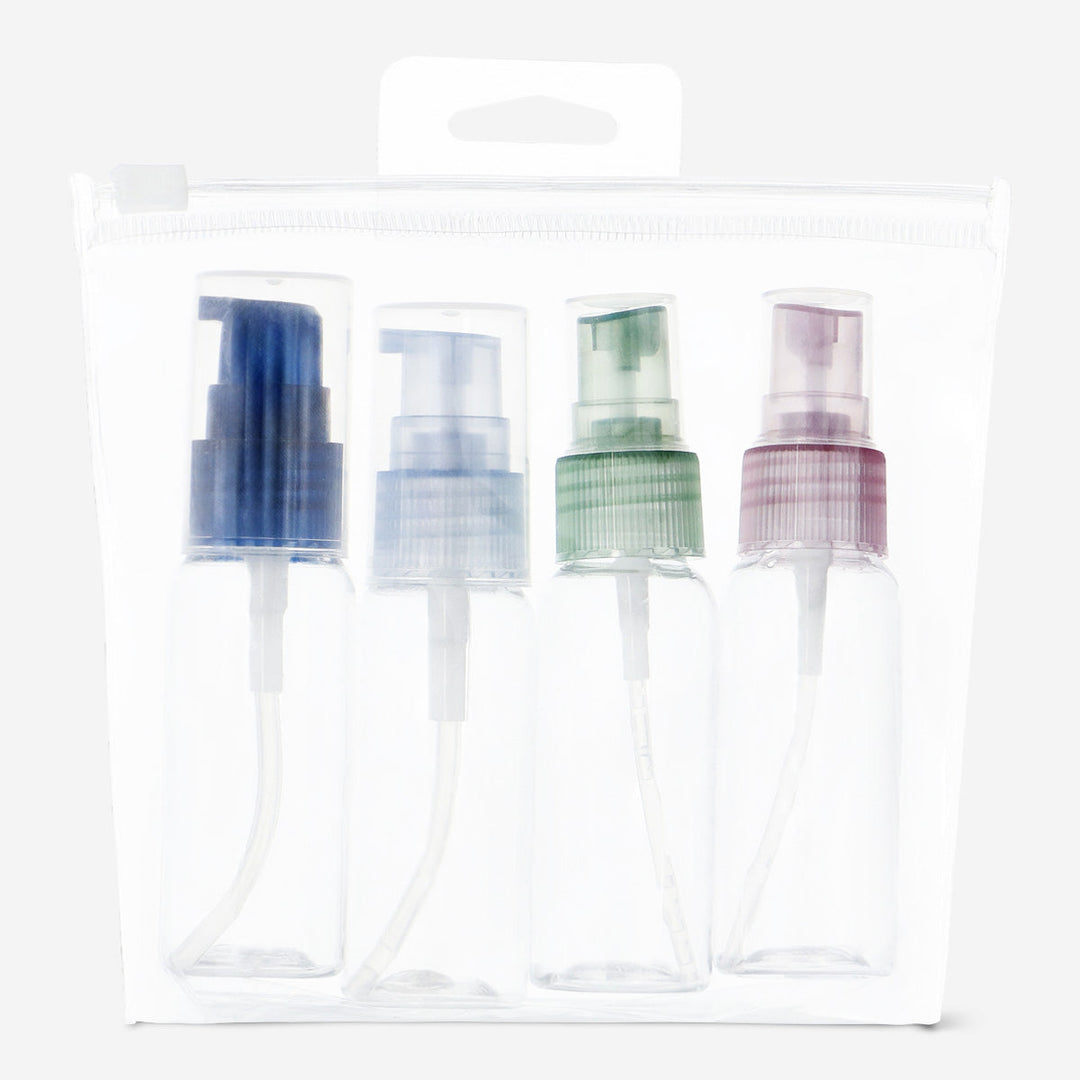 TRAVEL BOTTLES RECYCLED SPRAY 4 PCS COLORED IN EVA BAG