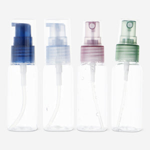 TRAVEL BOTTLES RECYCLED SPRAY 4 PCS COLORED IN EVA BAG