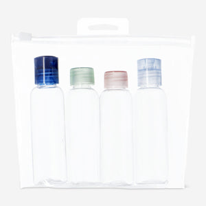 TRAVEL BOTTLES RECYCLED 4 PCS COLORED IN EVA ZIPPER BAG