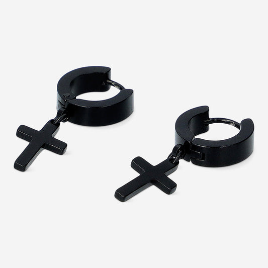 EARRINGS HOOP WITH CROSS 2PC BLACK