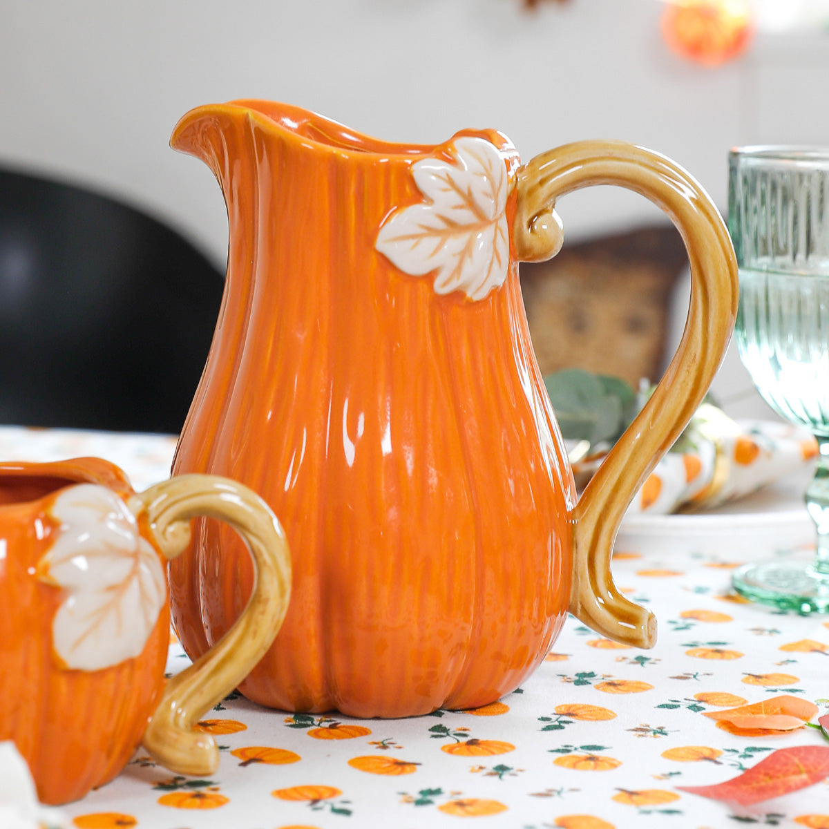 JUG WITH HANDLE PUMPKIN AND LEAF DESIGN