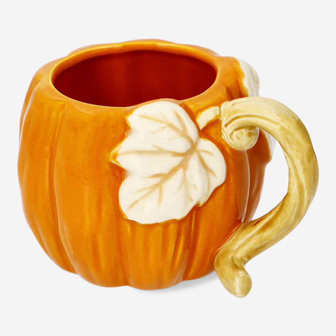 MUG WITH HANDLE PUMPKIN SHAPE AND LEAF DESIGN