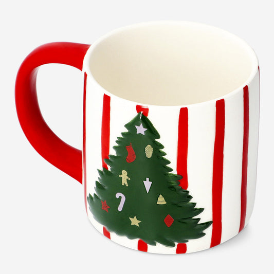 MUG W HANDLE STRIPES AND EMBOSSED XMAS TREE 400ML