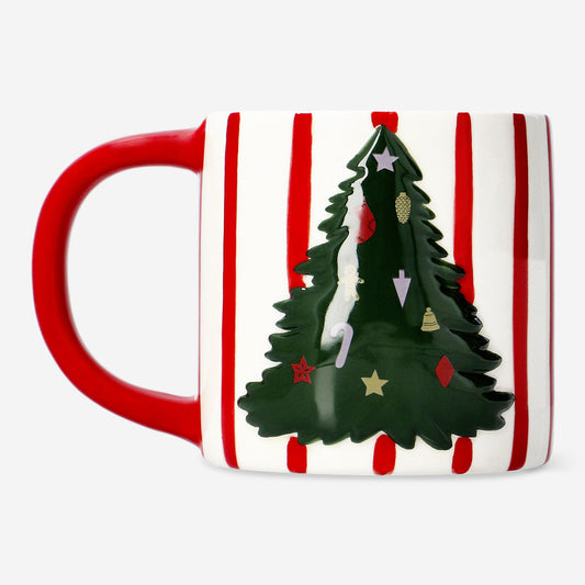 MUG W HANDLE STRIPES AND EMBOSSED XMAS TREE 400ML