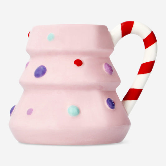 MUG W HANDLE CHRISTMAS TREE SHAPED PINK W STRIPE HANDEL440ML