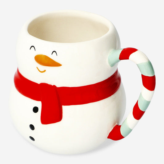 MUG W HANDLE SNOWMAN W STRIPE HANDEL