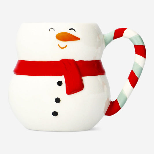 MUG W HANDLE SNOWMAN W STRIPE HANDEL