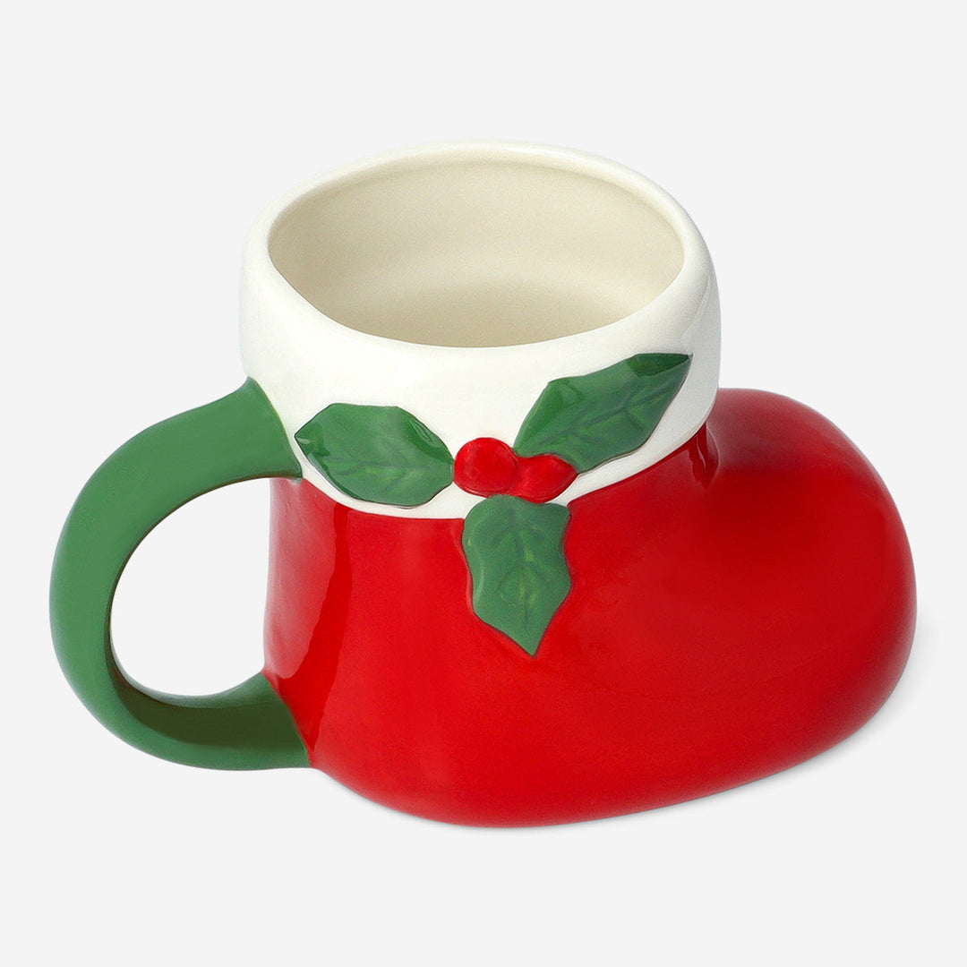 MUG W HANDLE XMAS STOCKING SHAPE RED